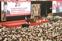 Ketua Umum Partai Gerindra Prabowo Subianto dalam acara Konsolidasi Akbar Partai Gerindra se-Jakarta Timur yang digelar di GOR Velodrom, Jakarta Timur, Minggu, 16 Juli 2023. (Dok. Tim Media Prabowo Subianto)